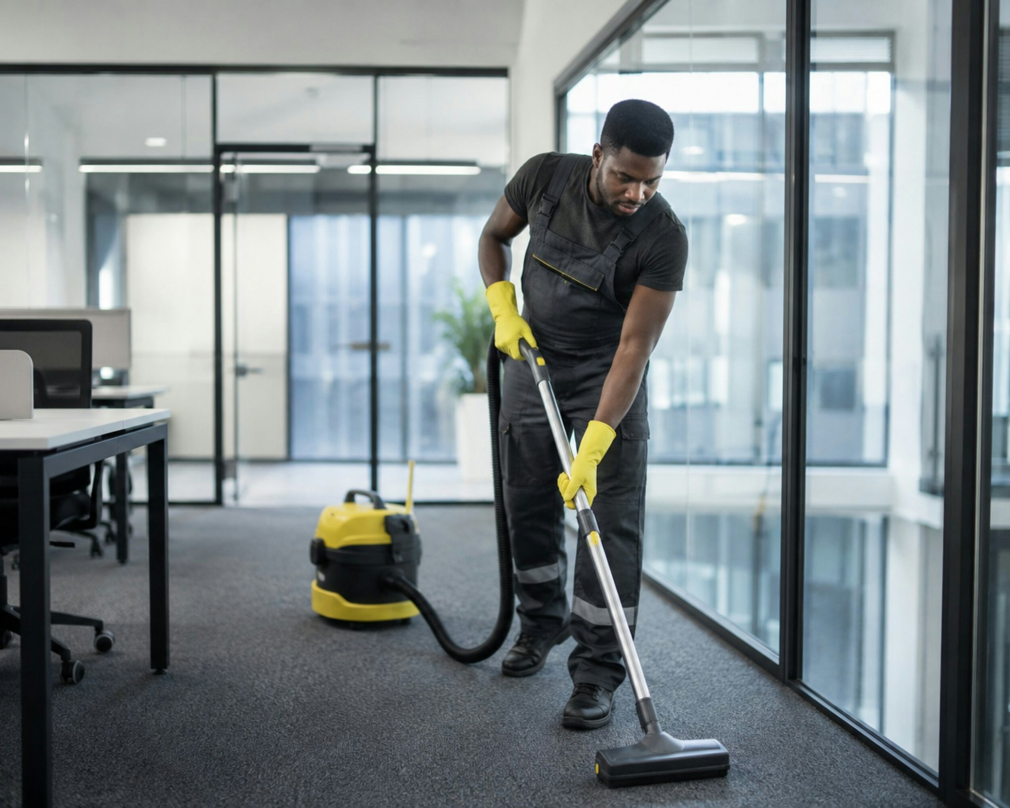 Professional cleaner vacuuming a modern office